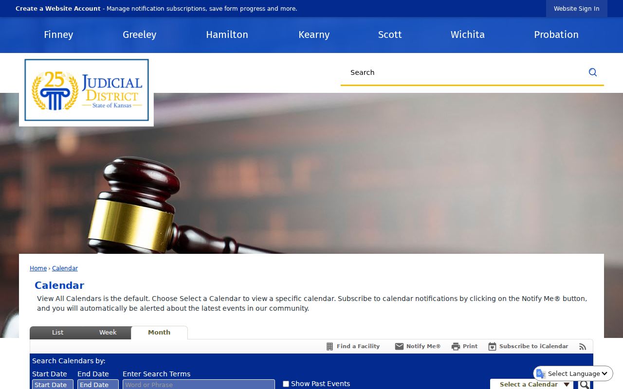 Wichita County court calendar interface for hearing dates